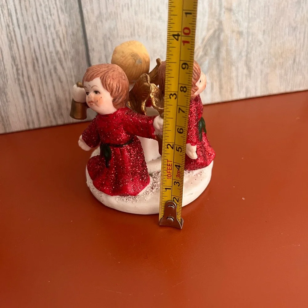 Vintage Ceramic Christmas Angel Trio Candle Holder Red Glitter Cherubs Bells